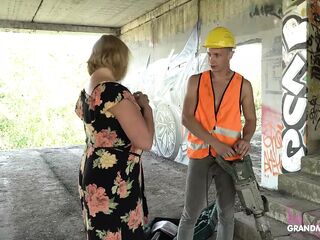 Ginormous grandma gives head and boob banging to construction worker